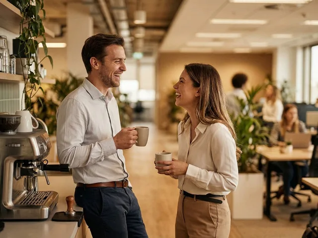 office, colleagues, coffee machine, reading, homey comfort, smiling, interaction, work environment, comfort, relaxed atmosphere, conversation, business, coffee break, office plants, natural elements, modern environment, creative collaboration, european cafe, wooden floor, relaxation. Paid social agency team roles: who does what, from strategist to analyst